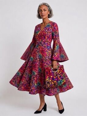 Long-Sleeve Mosaic Print V-Neck maxi wrap dress and purse set.One size